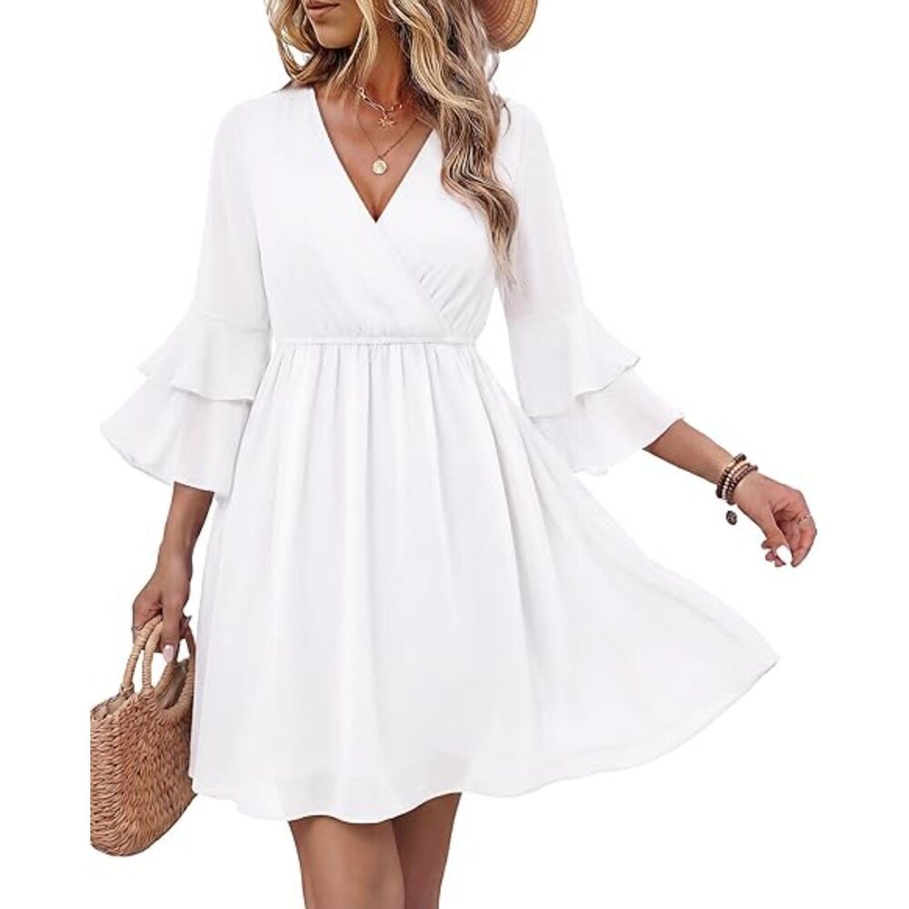Women's White  V Neck Ruffle Sleeve A Line Embroidered Boho Short Drees